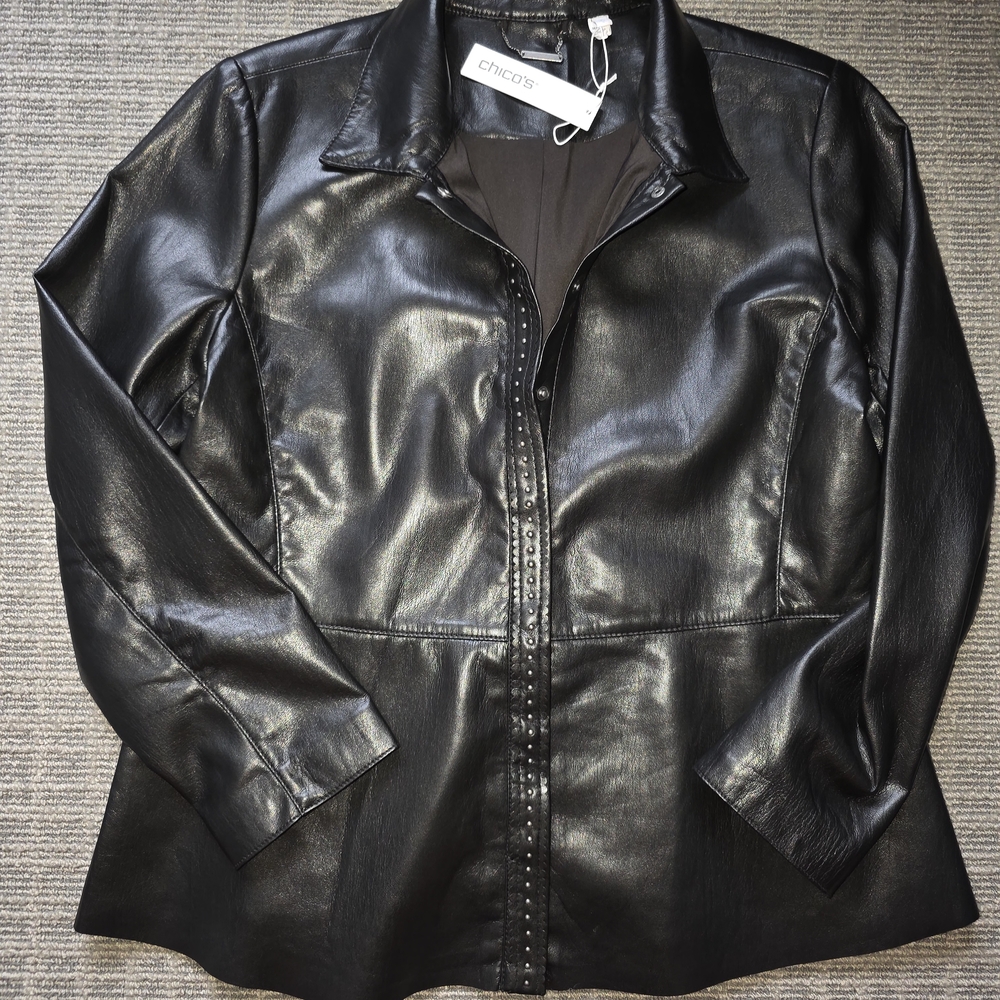 Chico's Women's Black Leather Button-Front Jacket